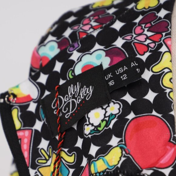 NWT DOLLY & DOTTY Black & Rainbow Retro Print Flare Dress Size 12 - Picture 6 of 9